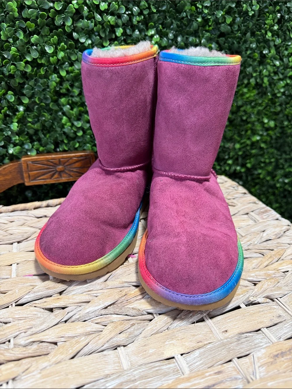 UGG Kids Plum Suede Boots with Rainbow Trim